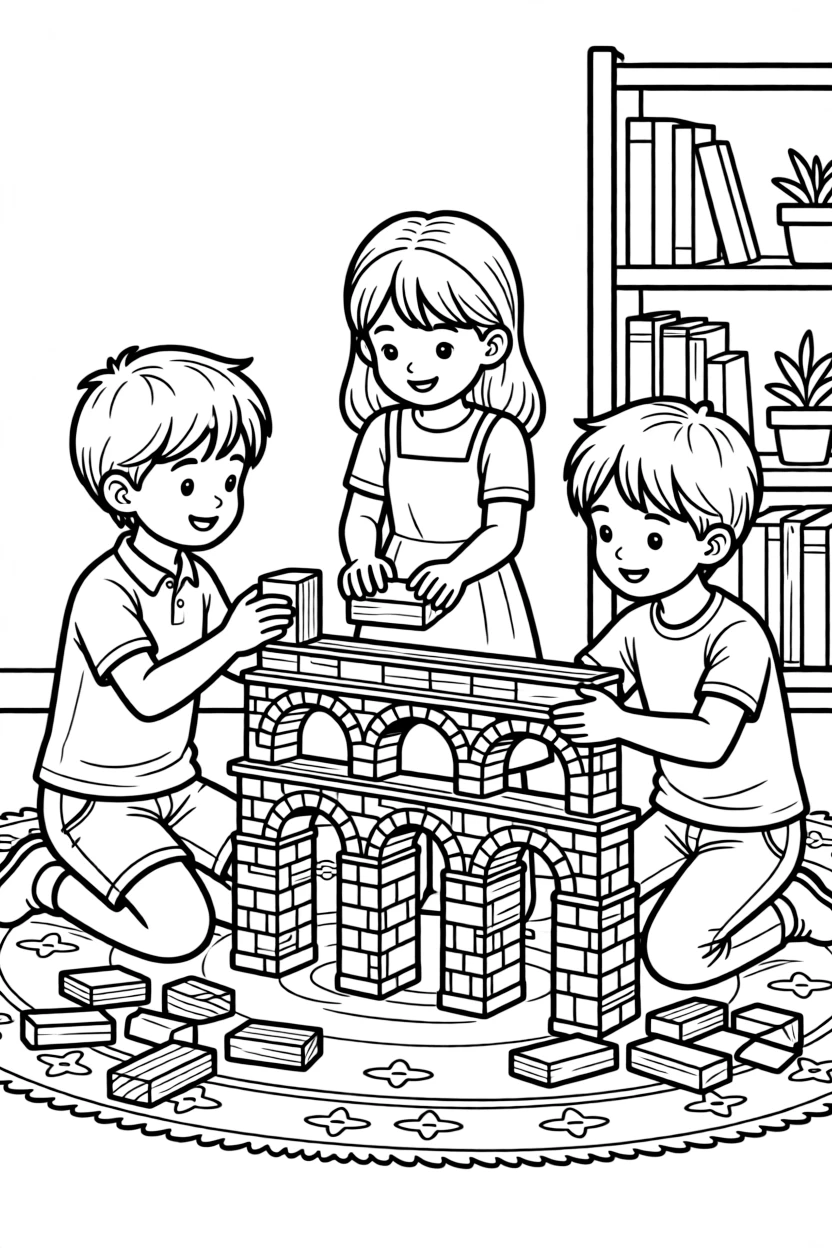 a gentle group of three kids stacks wooden blocks to rebuild a model of an ancient Roman aqueduct.