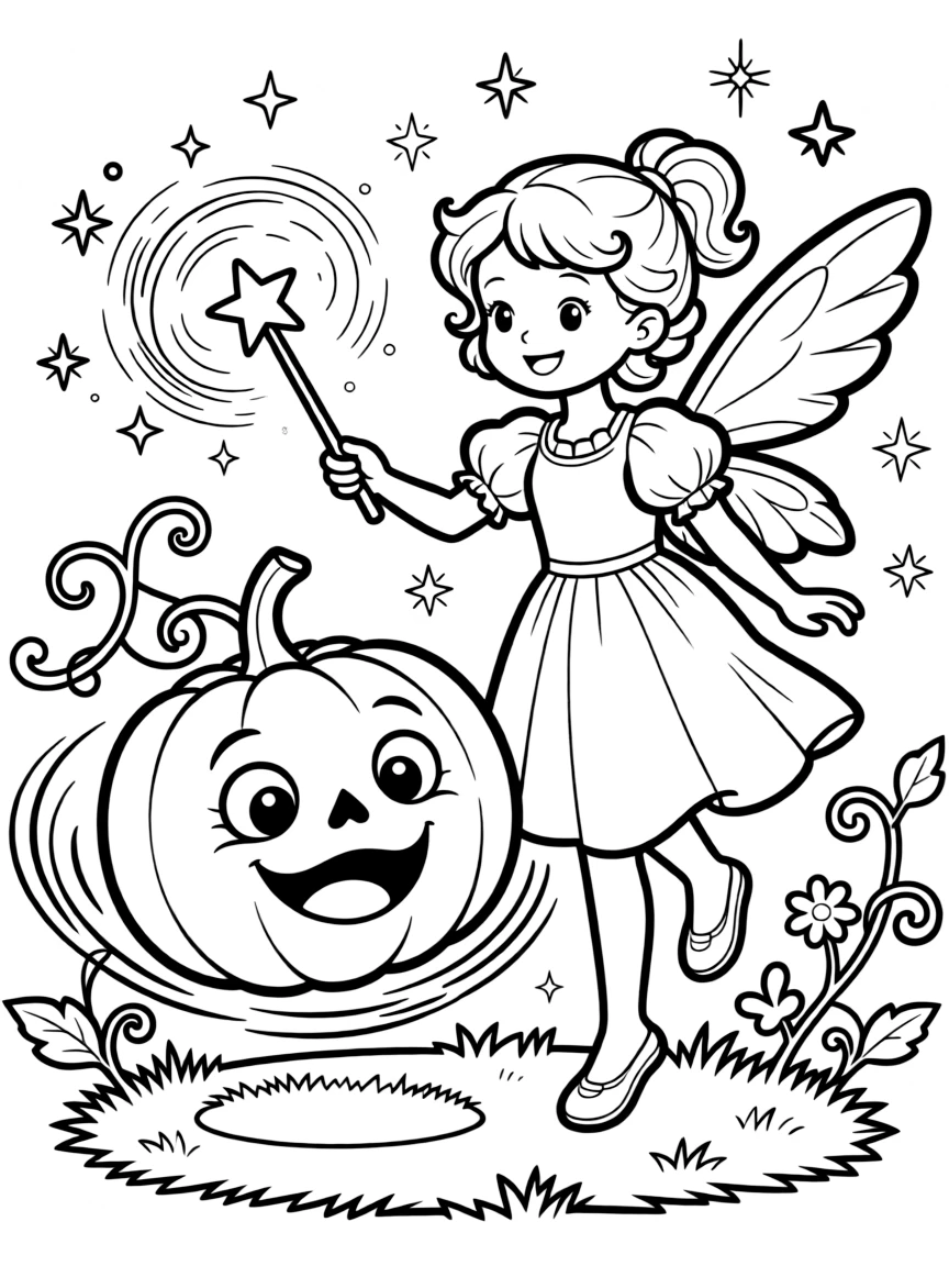 A fairy godmother's wand malfunctions, turning a simple pumpkin into a bouncing, giggling jack-o'-lantern instead of a carriage.