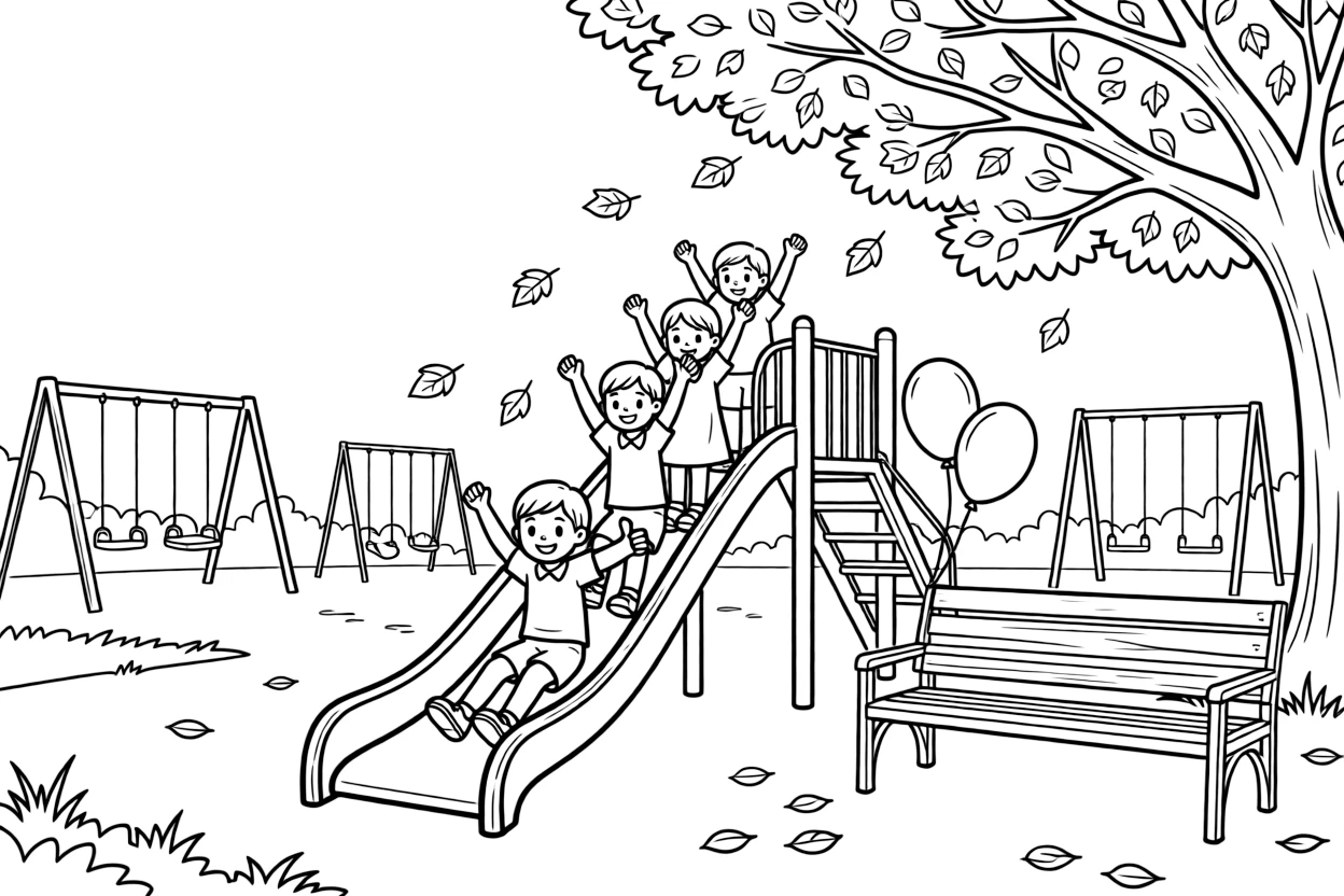 [Playgrounds] a group of kids racing down a slide sliding down with arms raised high under a shady playground tree, giving a confident thumbs-up, while balloons are tied to a nearby bench fills the surrounding area. Bright playground equipment fills the background. Set at sunset, with autumn leaves swirling in the wind, the page bursts with adventure and imagination.