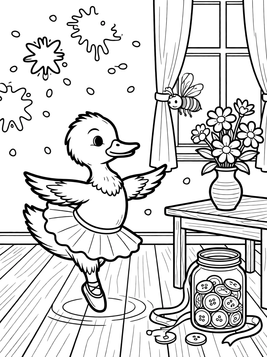 A paddling duckling is practicing gentle ballet twirls inside an art studio splattered with paint. a curious bumblebee buzzing among the blooms and a jar of colorful buttons and ribbons add to the delightful moment.
