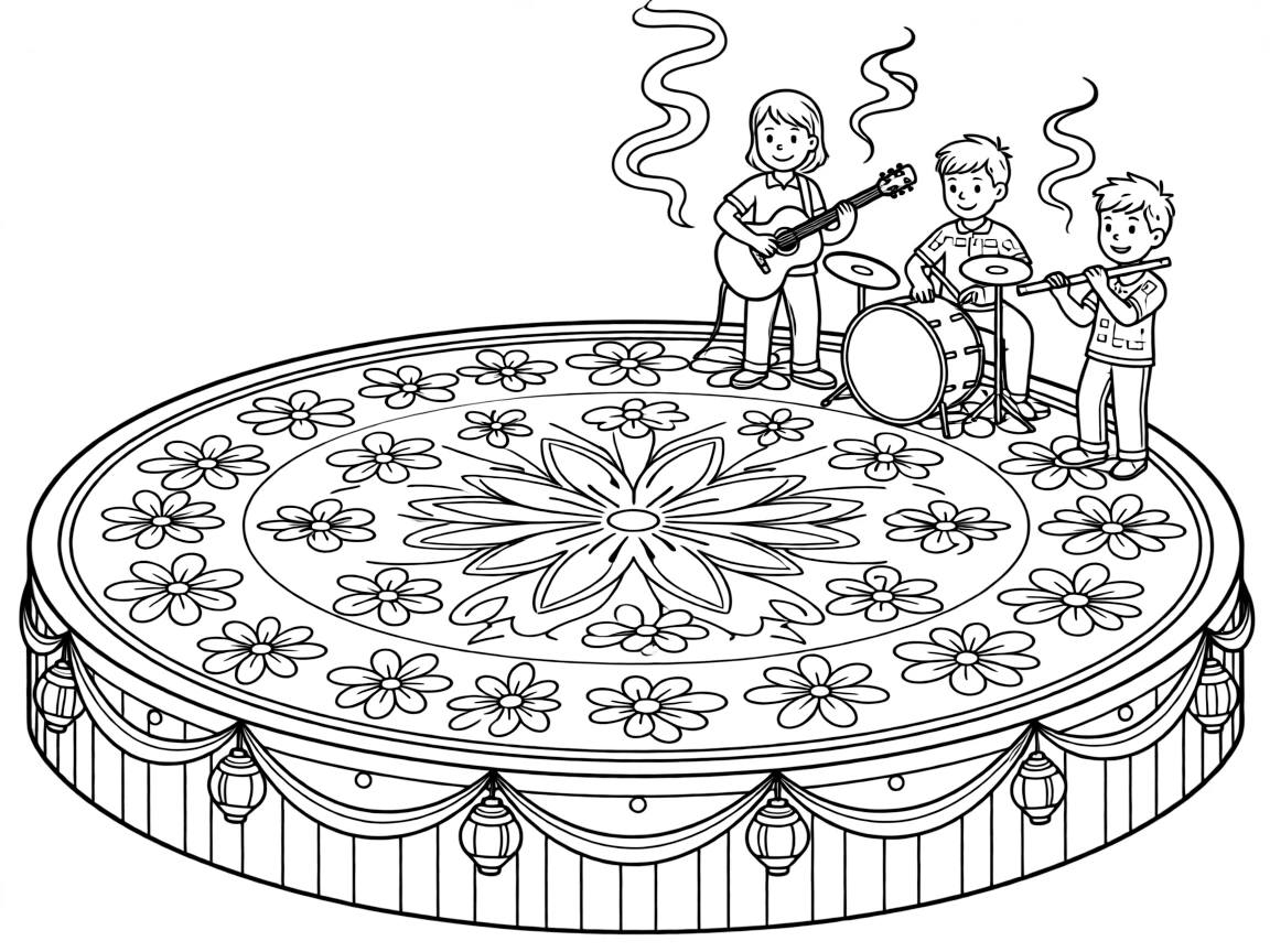 A flower carpet arranged in a colorful pattern on a decorated stage set up for a community celebration, with musicians playing lively instruments and incense curling into the air nearby.