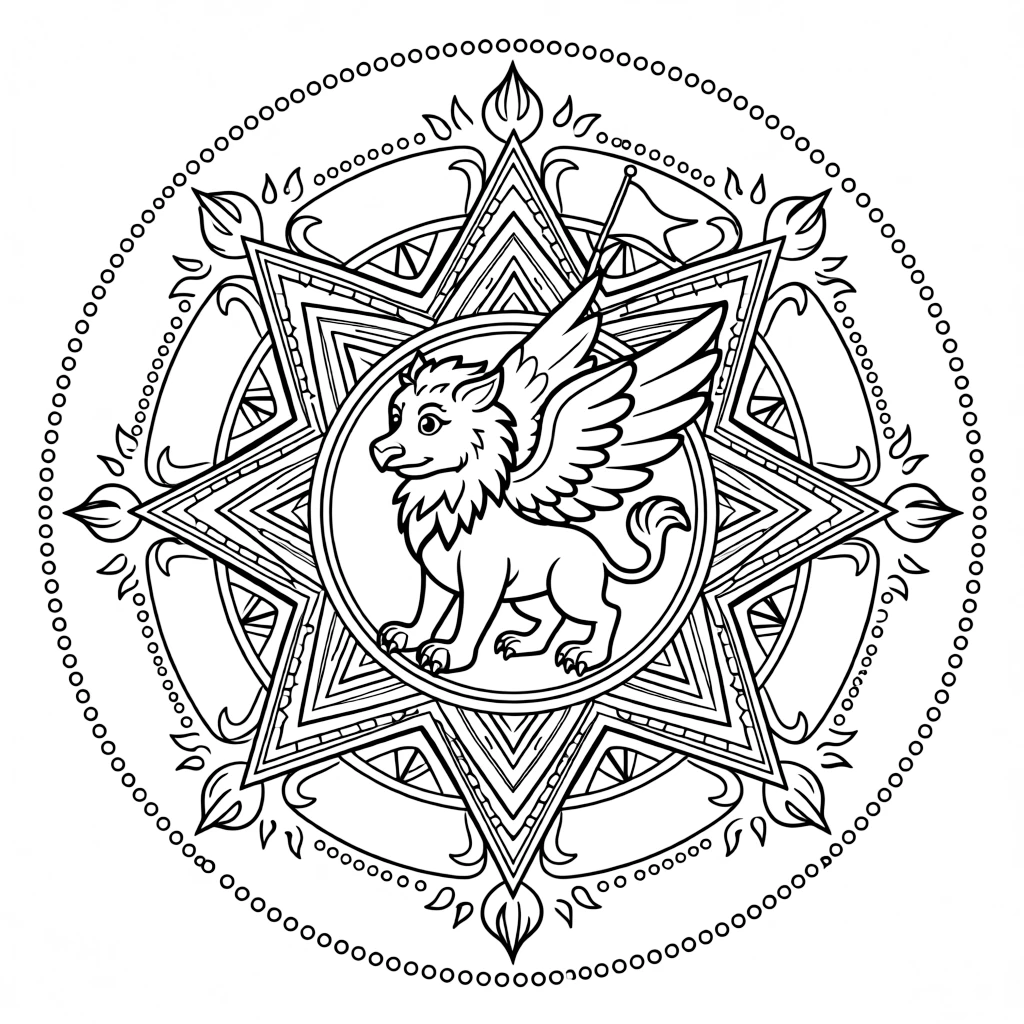 Mythical & Fantasy Creatures: The main subject is a gentle griffin with an eagle's wings and a lion's paws, drawn as the focal point of an eight-point star mandala framing the design. It is placed at the very center of the page, with the surrounding rings growing larger and more detailed toward the outer edge. Decorative details fill the surrounding space, including a trail of evenly spaced dots, flame-shaped tips curling upward, and nested triangle shapes woven throughout the background. A playful extra touch completes the page: a small flag on a stick poking out from one side of the pattern.