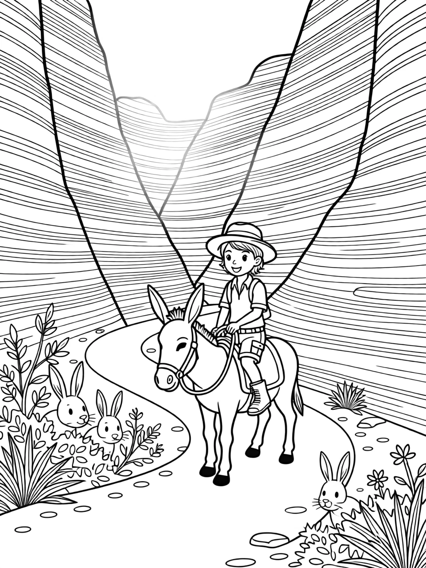 [Canyon Trails] A young explorer rides a friendly donkey along a winding trail deep within a red rock canyon. A family of rabbits hides among the scrubby bushes growing along the canyon trail. Layers of red, orange, and gold rock rise in dramatic stripes along the canyon walls. Morning light stretches across the canyon, highlighting every ridge and layer of rock.