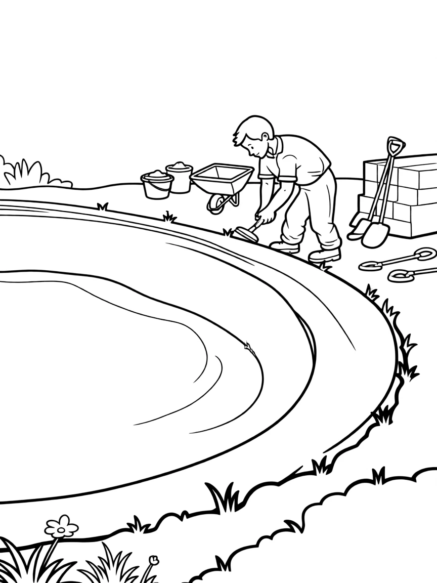 A pool builder shapes a curved swimming pool with wet concrete.