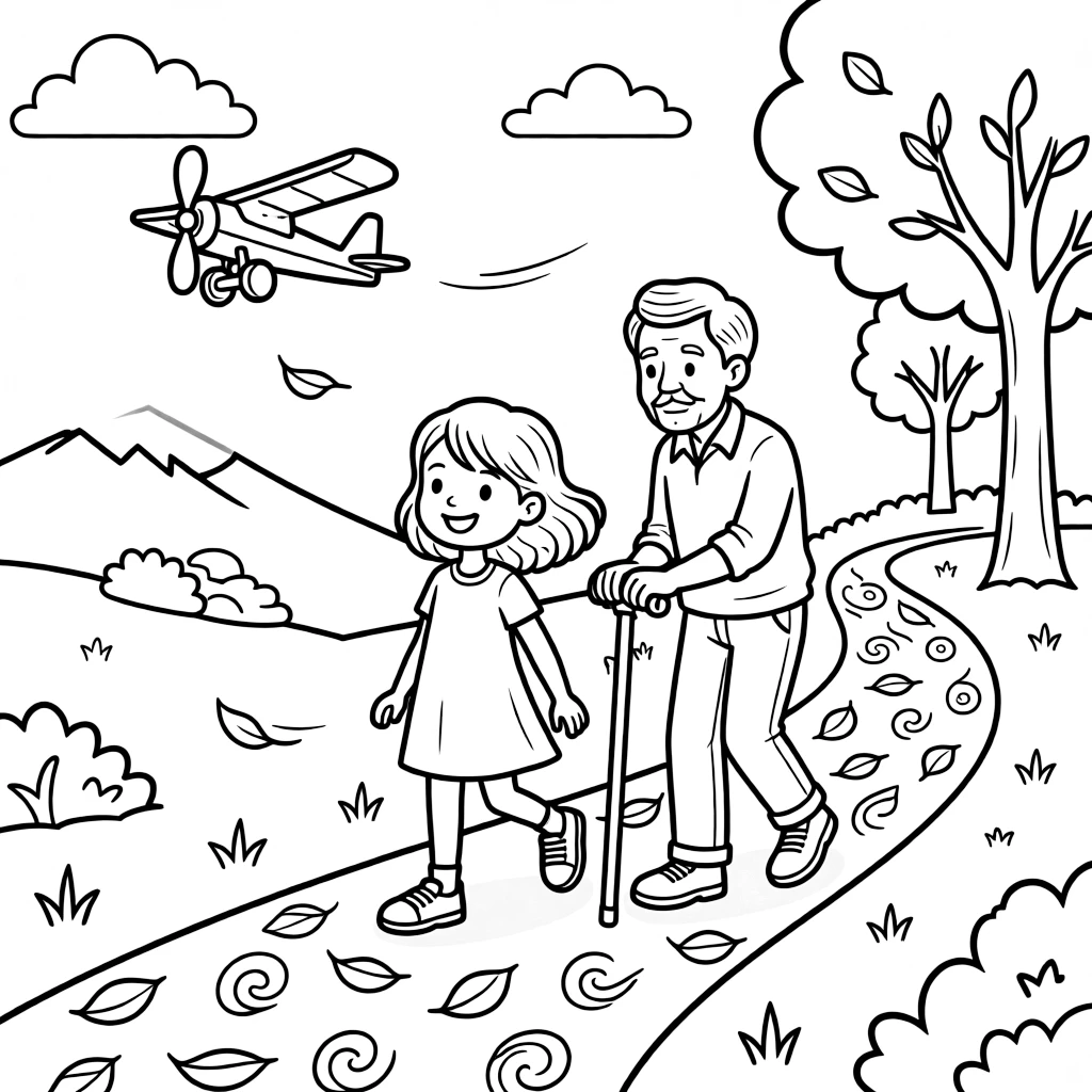 A cheerful girl flying a model airplane together with a grandparent using a cane on a mountain trail as fallen leaves swirl in the breeze.