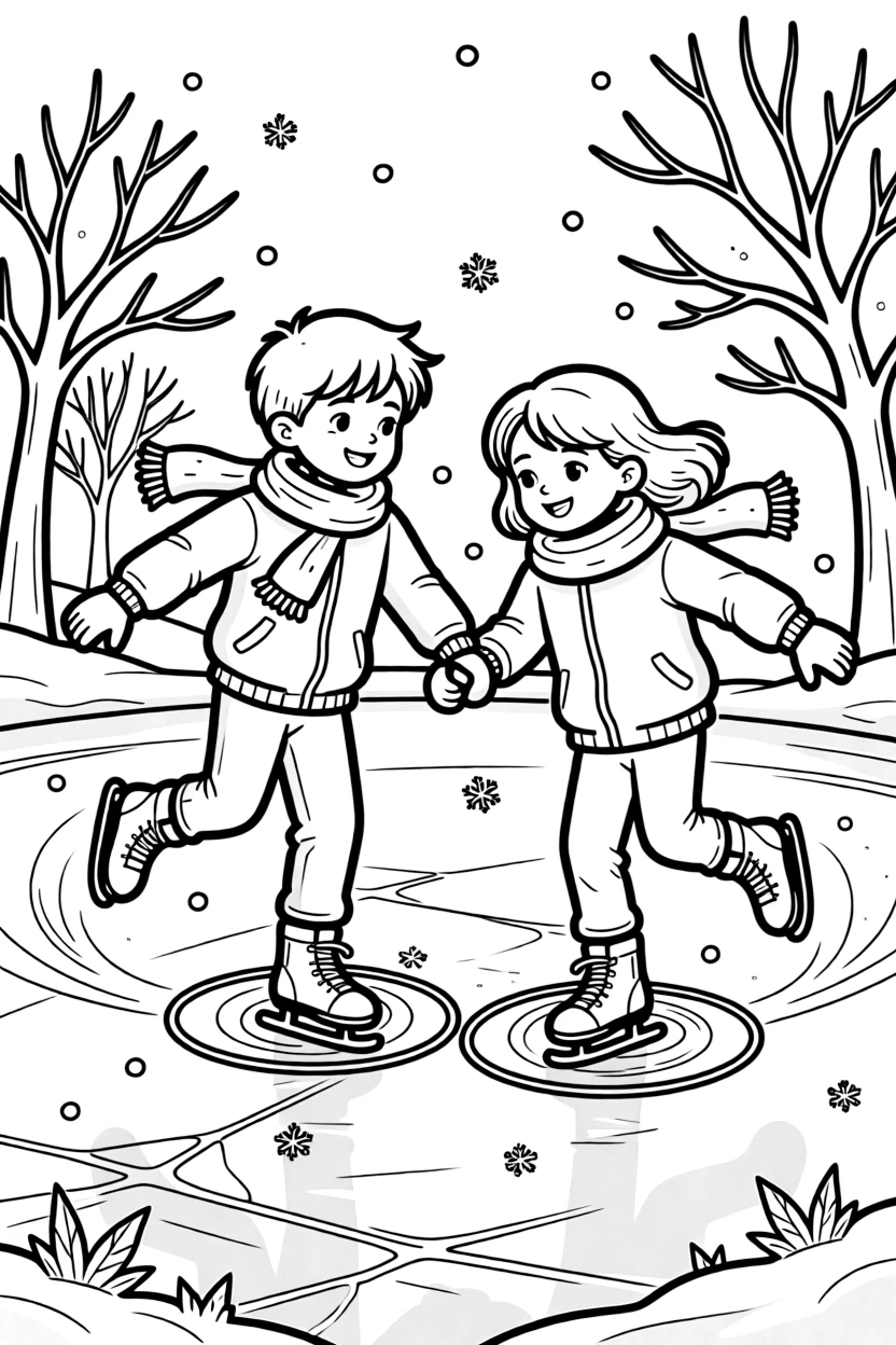 A pair of twin siblings, warming up with graceful figure-eight patterns traced into the fresh ice.