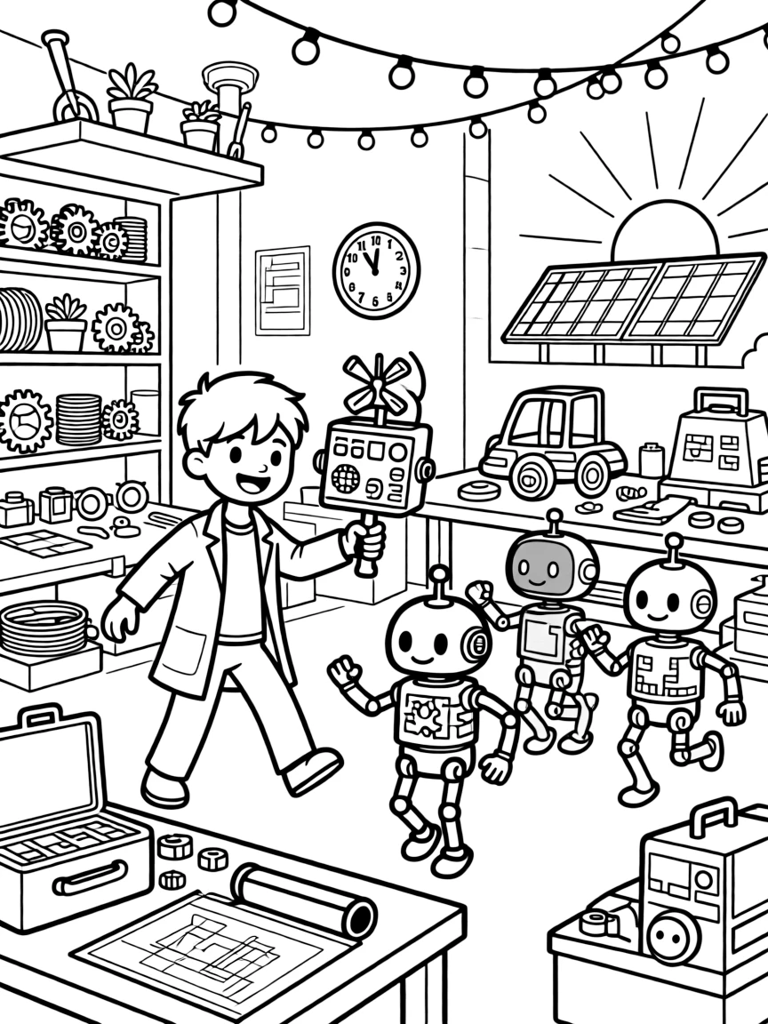 Inventor kid Lumen testing a mini weather machine practicing a new dance with a troupe of dancing robots, in a robot workshop cluttered with gears, wires, and half-built inventions, with twinkling string lights strung between floating platforms and a row of solar panels catching the sunset nearby.