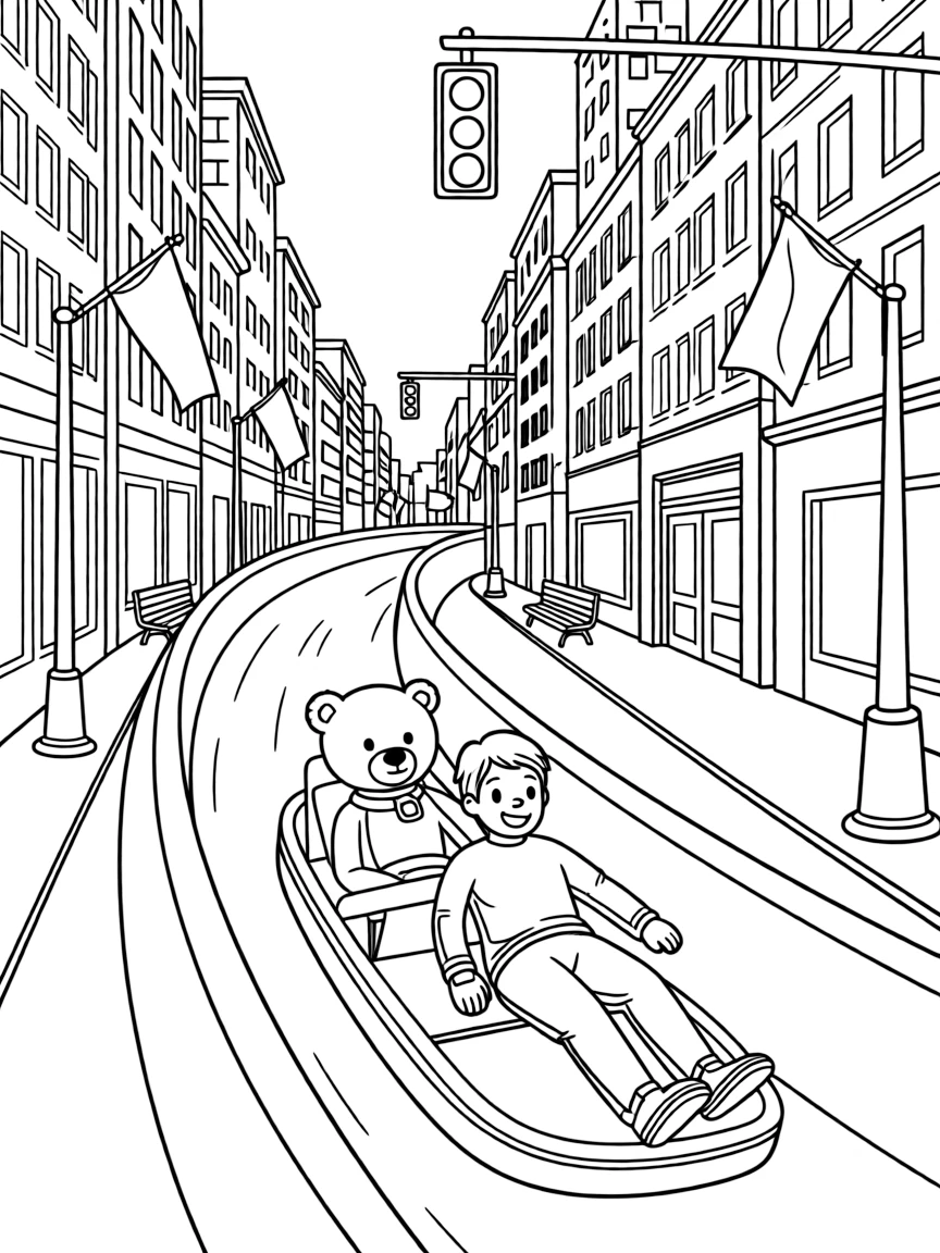 A luge sled racing feet-first down an icy chute is shown journeying through a bustling city street lined with tall buildings and traffic lights, with a teddy bear buckled safely into the passenger seat close by and colorful flags fluttering from every corner completing the lively scene.