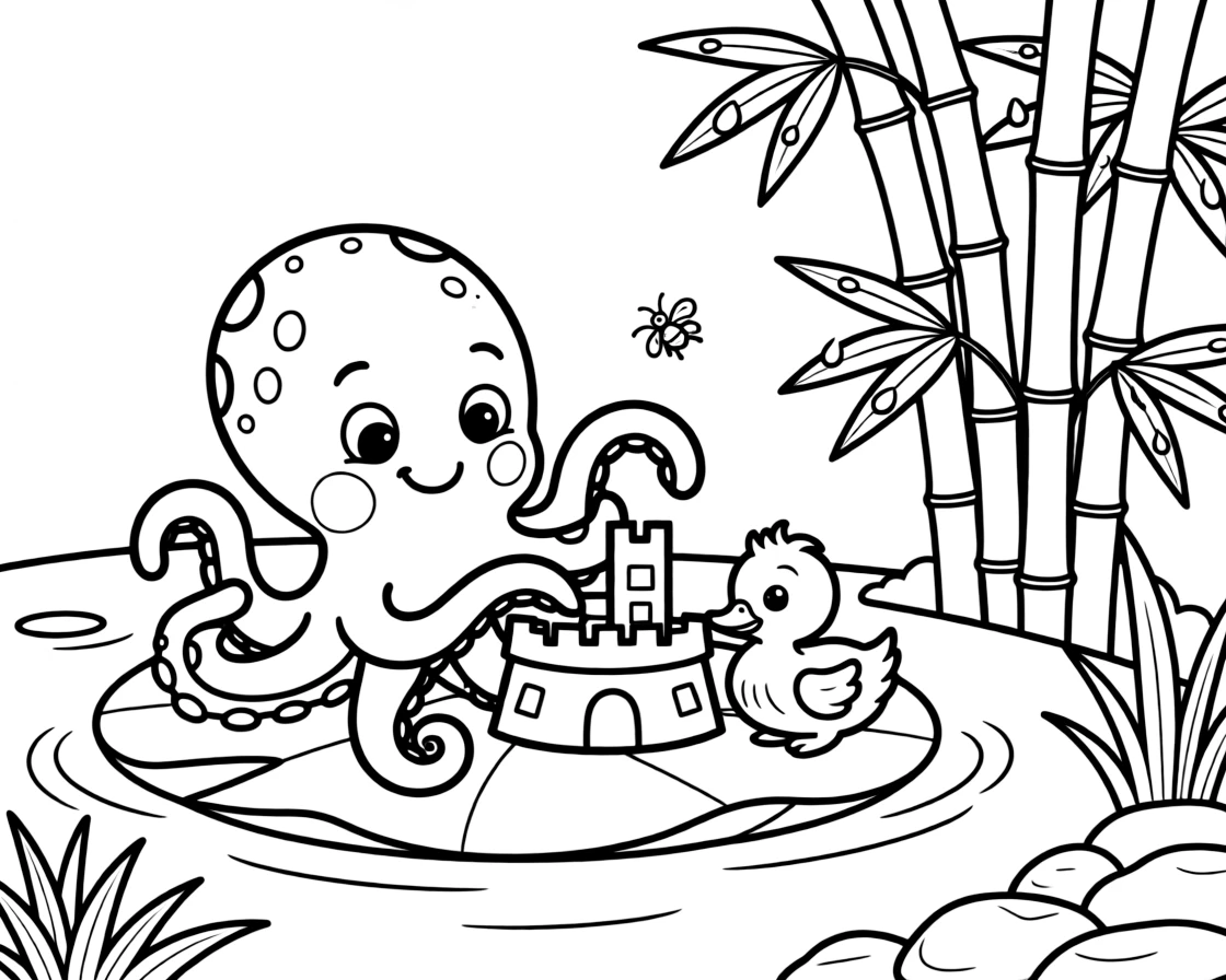 A friendly octopus on a lily pad in a quiet pond, building a sandcastle beside a duckling, next to a tall bamboo grove, as dewdrops sparkle on the leaves.
