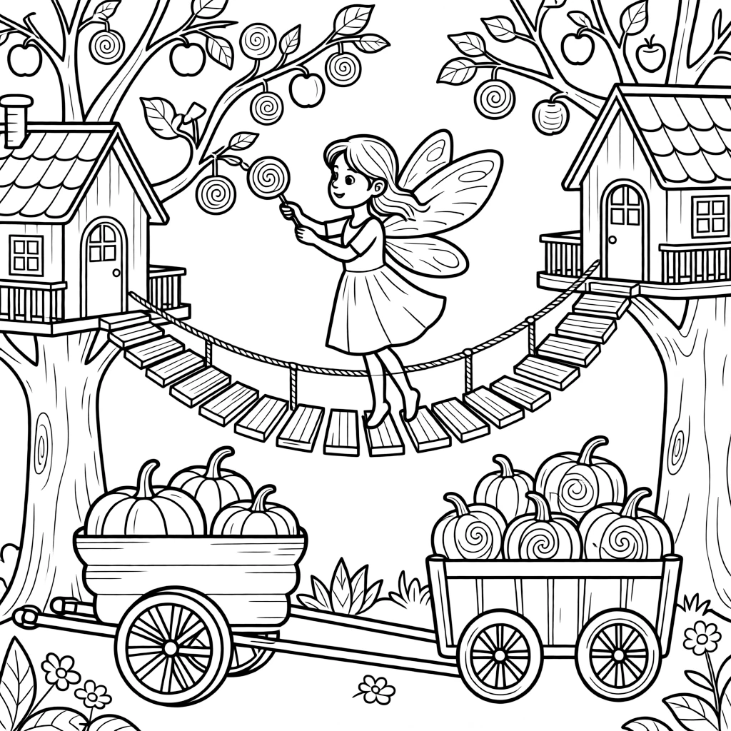 A curious snow fairy is picking apples from a tree that grows lollipops inside a treehouse village connected by rope bridges, joined by a wheelbarrow full of freshly picked pumpkins and a wagon overflowing with glowing pumpkins. It's shaping up to be the happiest day in the whole kingdom.