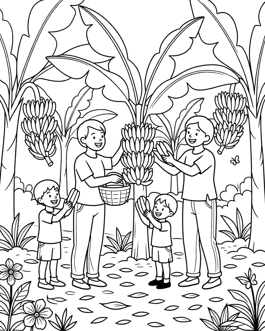 A coloring page of a heartwarming family scene in Uganda showing a family gathering bananas together in a plantation, with everyone smiling and working together happily.