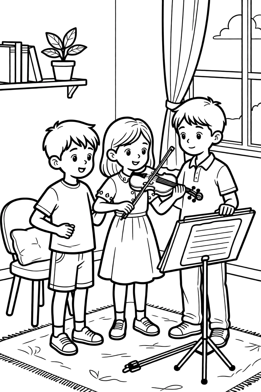 a curious group of three kids plucks the strings of a small violin during a music lesson.
