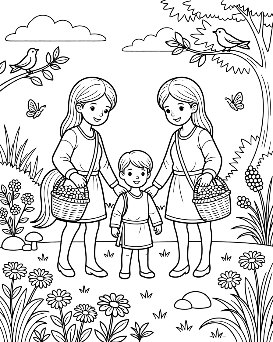 A centaur family gathers wild berries together in a sunlit meadow, baskets slung over their backs.