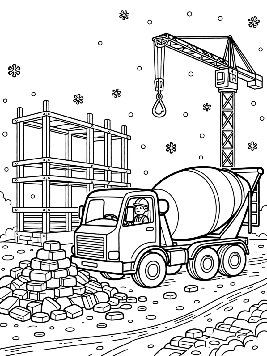 [Construction Vehicles] A dynamic scene shows a cement mixer truck clearing a pile of rubble on a dusty dirt lot, concentrating hard with a focused expression. Close by, a half-finished building frame rises behind. Chains and hooks dangle from the crane arm. The moment unfolds on a foggy morning, with snow gently falling, filled with energetic detail perfect for a young colorist.