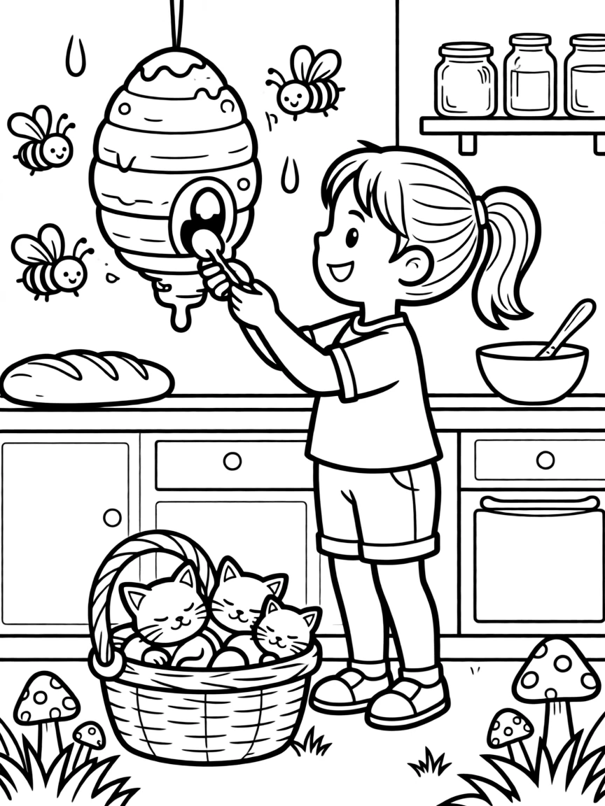 A girl treasure hunter following a hand-drawn map is harvesting honey from a friendly beehive inside a cheerful bakery kitchen. Scattered nearby, tiny mushrooms with spotted caps peeking through the grass and a basket of sleepy kittens curled together give the moment a cozy feel.