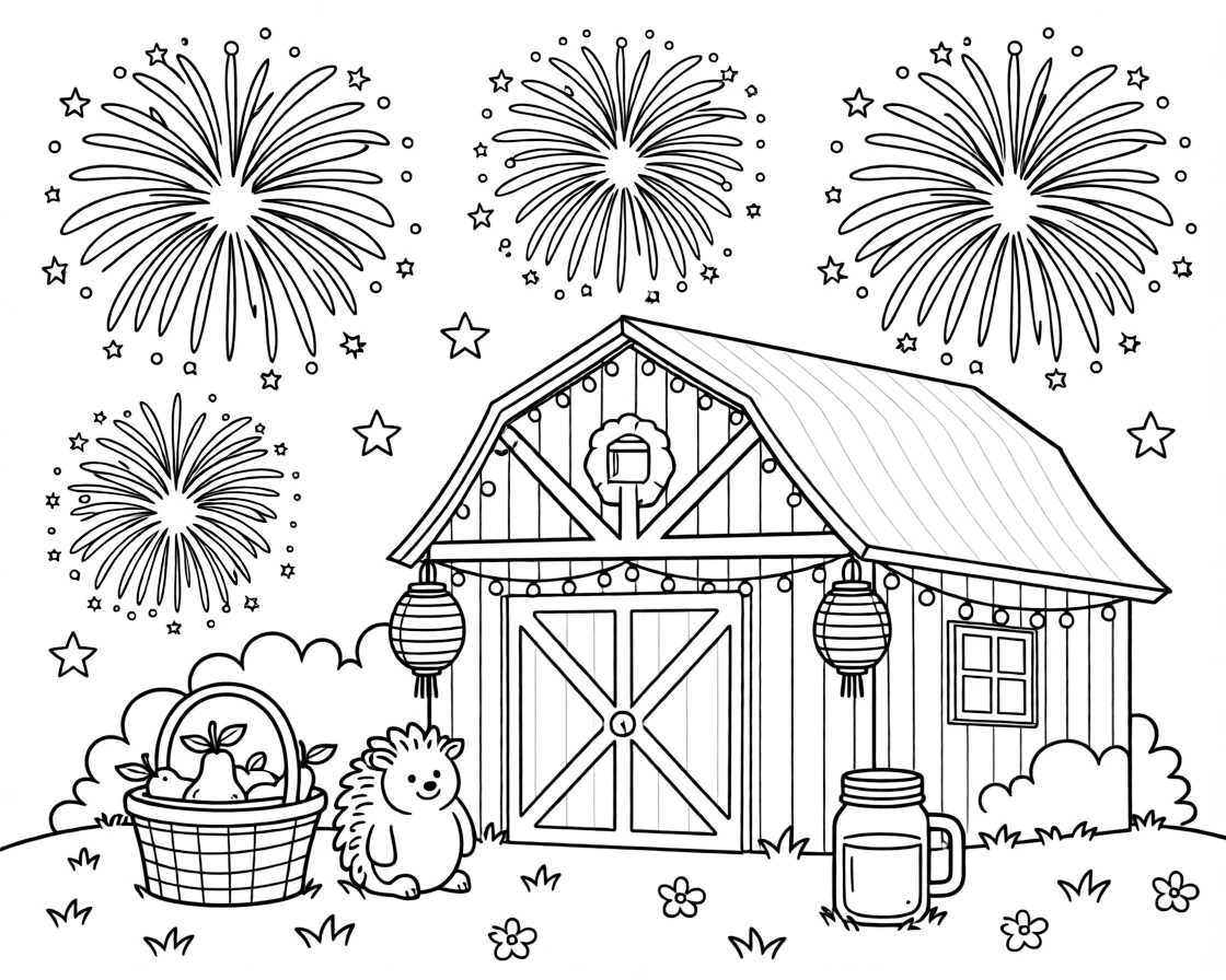 Fireworks bursting above a village green in a barn decorated with string lights and paper lanterns, alongside a plump little hedgehog and a bushel basket of pears, with a mason jar of cider close by.