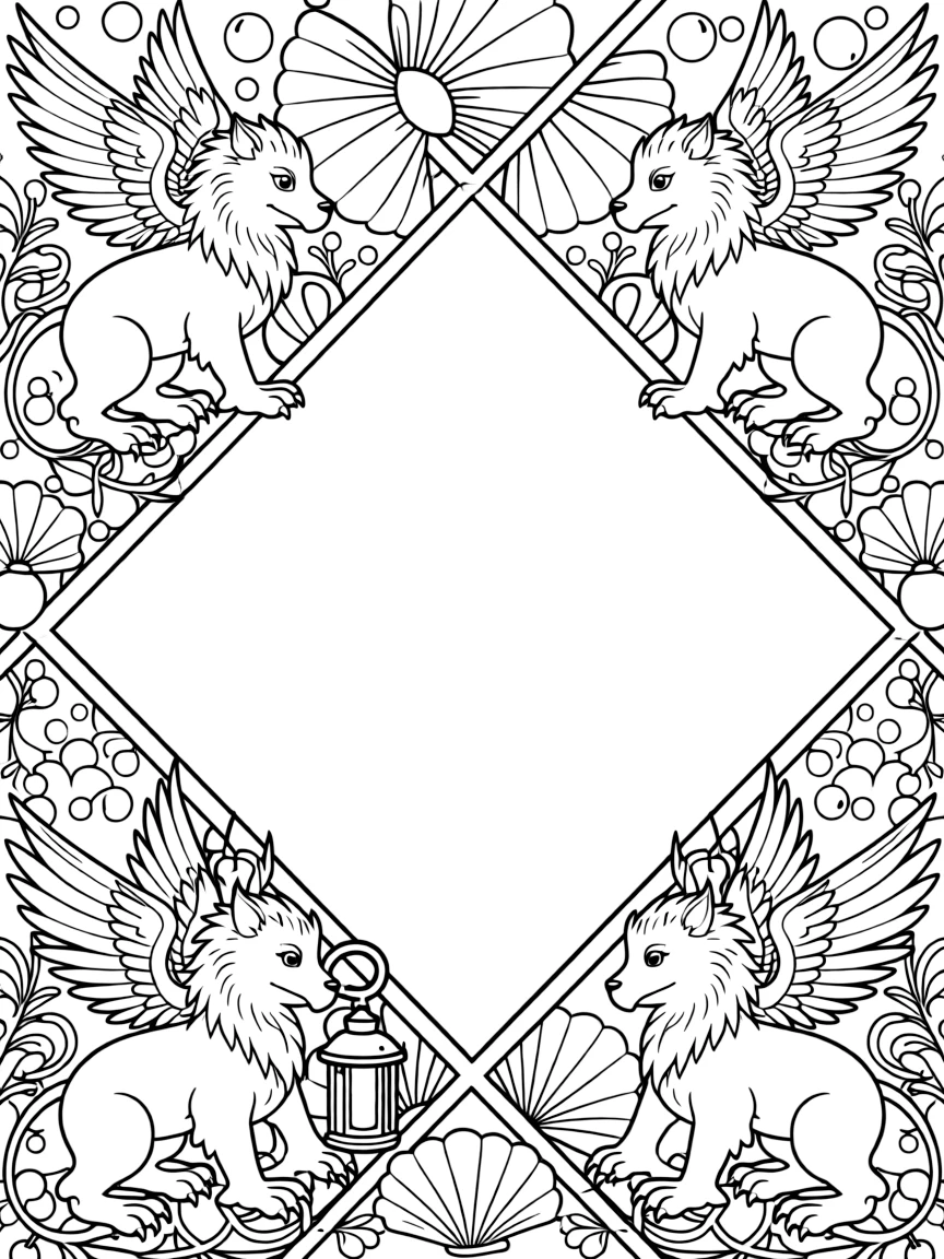 Mythical & Fantasy Creatures: The page centers on a repeating motif of a gentle griffin with an eagle's wings and a lion's paws, built around a diamond lattice mandala crossing over itself in a grid. The motif is arranged evenly around the four edges of the page, forming a continuous decorative frame around a clear center space. Decorative details fill the surrounding space, including clusters of round bubbles, twisting berry-vine garlands, and overlapping scalloped shells woven throughout the background. A playful extra touch completes the page: a little lantern glowing softly in one corner of the pattern.