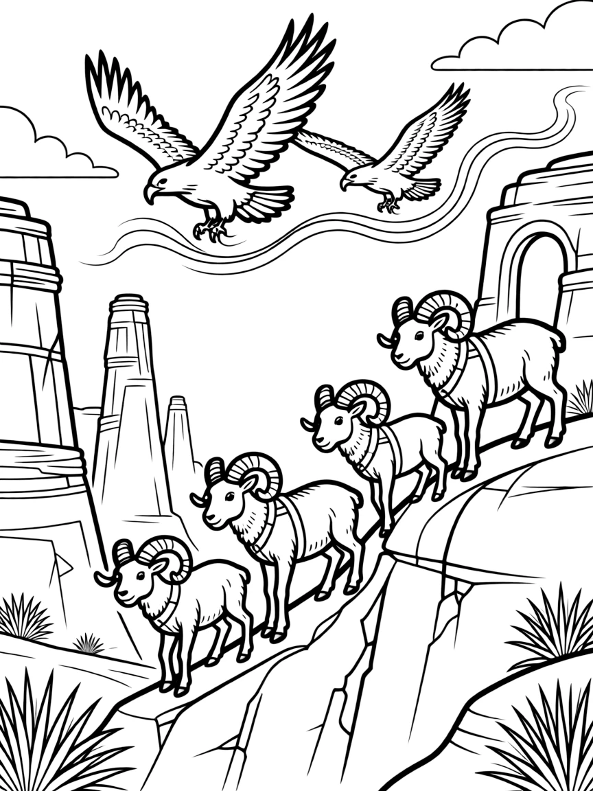 [Canyon Trails] A family of bighorn sheep climbs confidently along a narrow ledge above the canyon floor. A pair of eagles soars above the canyon, riding the warm rising air currents. Ancient rock formations shaped like towers and arches rise from the canyon floor. A warm breeze drifts through the canyon beneath a wide, clear blue sky.