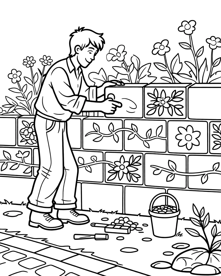A stone mason chisels a decorative pattern into a garden wall.