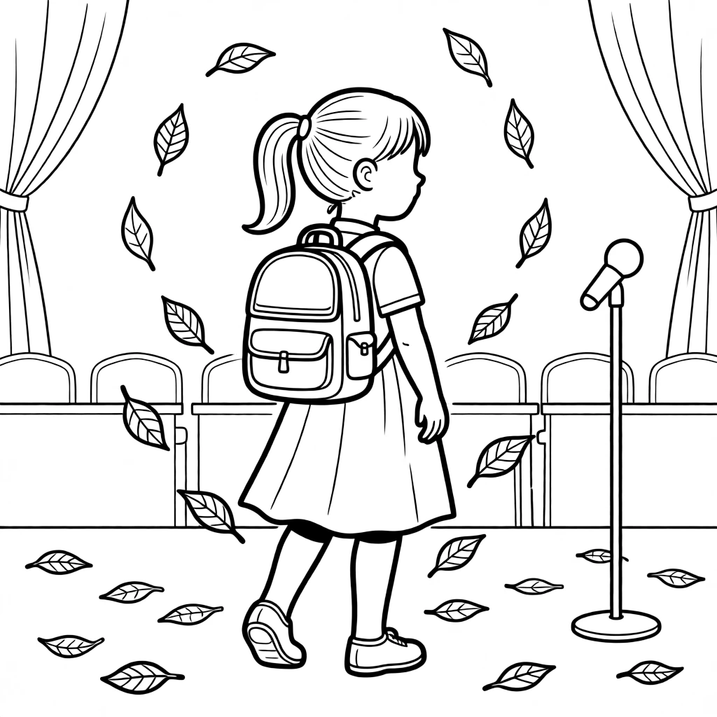 A girl with a backpack performing in a class play at a school assembly as fallen leaves swirl in the breeze.