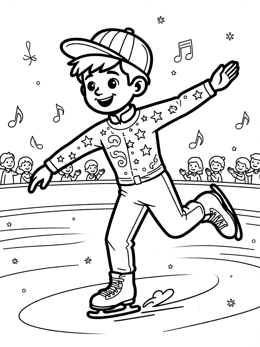 A confident boy wearing a bright cap, wearing a sparkly costume while gliding to music at an ice show.