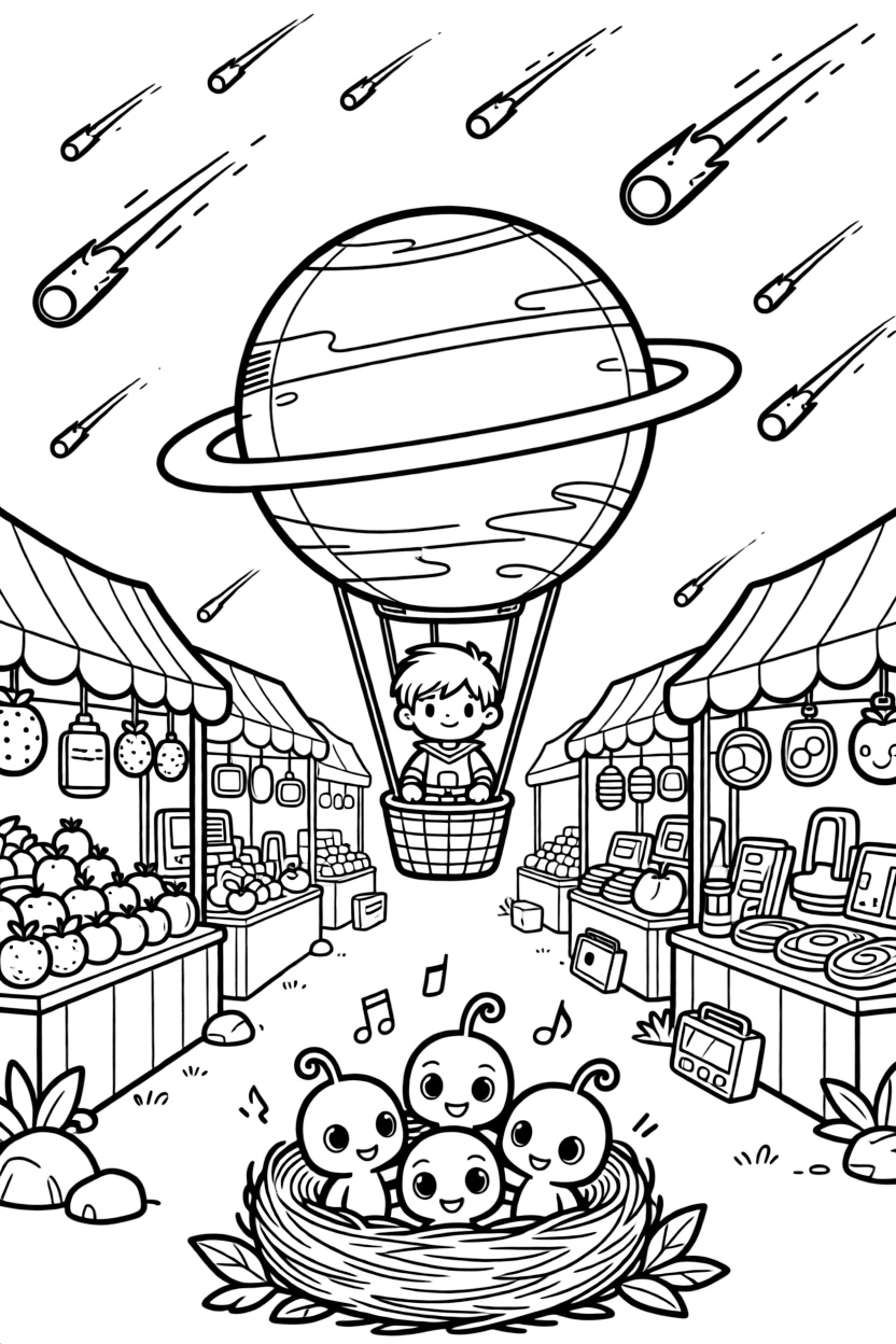 In a colorful alien marketplace filled with strange fruits and gadgets, Cadet Turbo, a small but mighty music-powered superhero kid steering a hot-air balloon shaped like a planet through a meteor shower, while a nest of baby alien creatures chirping happily adds to the excitement.