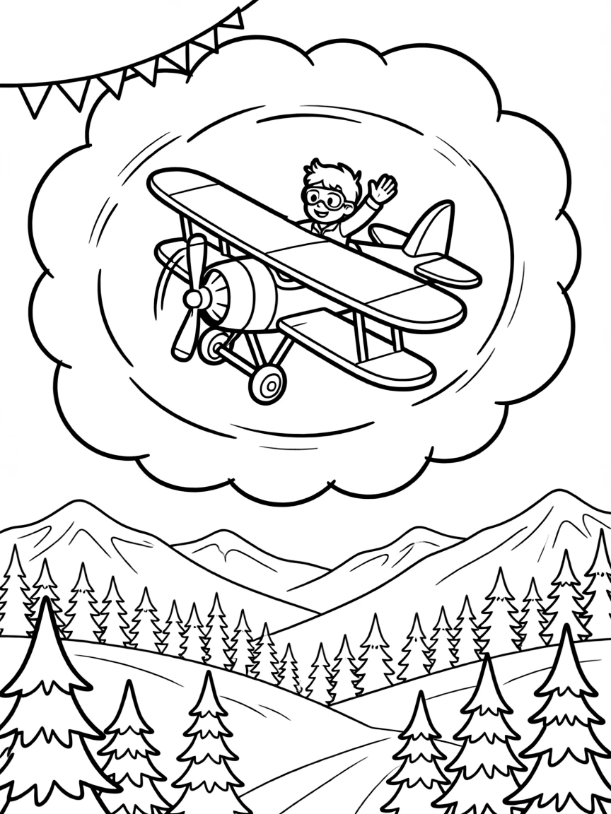 The scene captures a two-winged biplane looping through fluffy clouds in the middle of a snowy mountain pass with pine trees dusted in white, with a brave pilot giving a salute from the cockpit nearby and a string of triangle pennant flags overhead sprinkled around for extra fun.