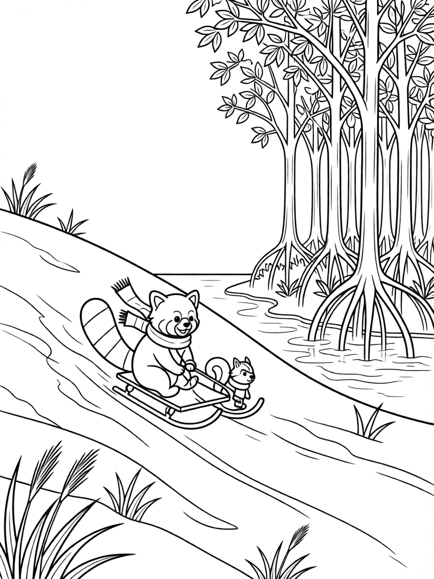 A red panda in a field of tall grass, sledding down a snowy hill with a chipmunk, next to a mangrove forest.