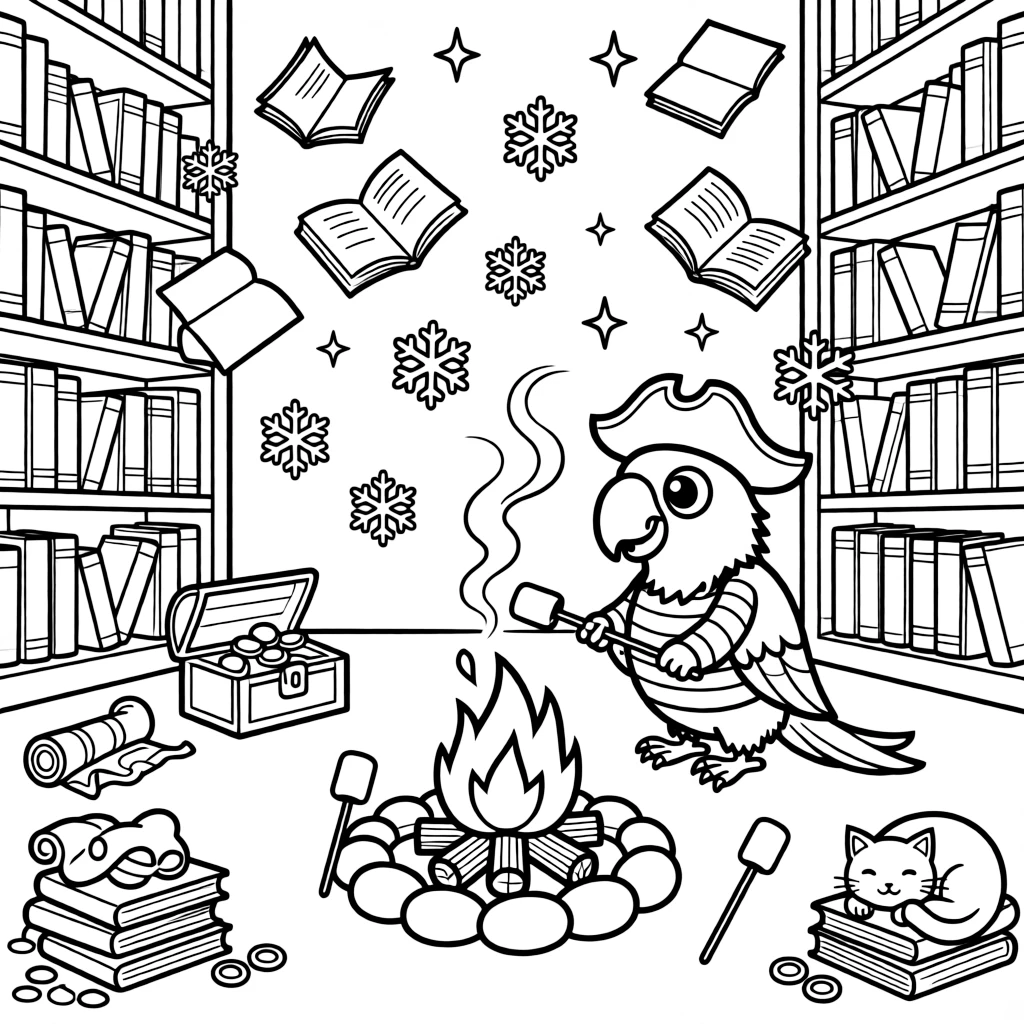 In a magical library where the books float and flutter, a snuggly parrot pirate first mate discovers the joy of roasting marshmallows over a crackling campfire, while sparkling snowflakes drifting down all around watches happily nearby. The whole scene bursts with joy and adventure.