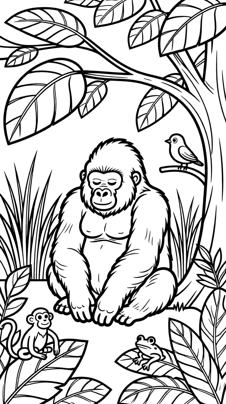 A coloring page spotlighting a mountain gorilla resting among green forest leaves in Uganda, framed by leafy branches, tall grass, and a few playful smaller creatures nearby.