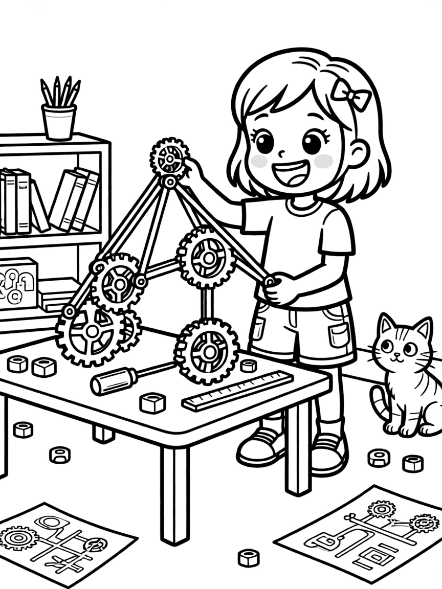 a giggling little girl builds a bridge out of gears and levers for a simple machines project.