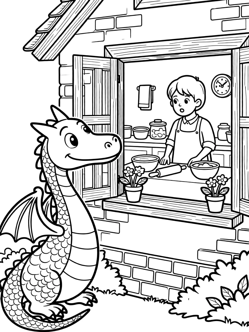 A dragon uses its long neck to peek curiously into a cottage window, startling a baker mid-recipe.