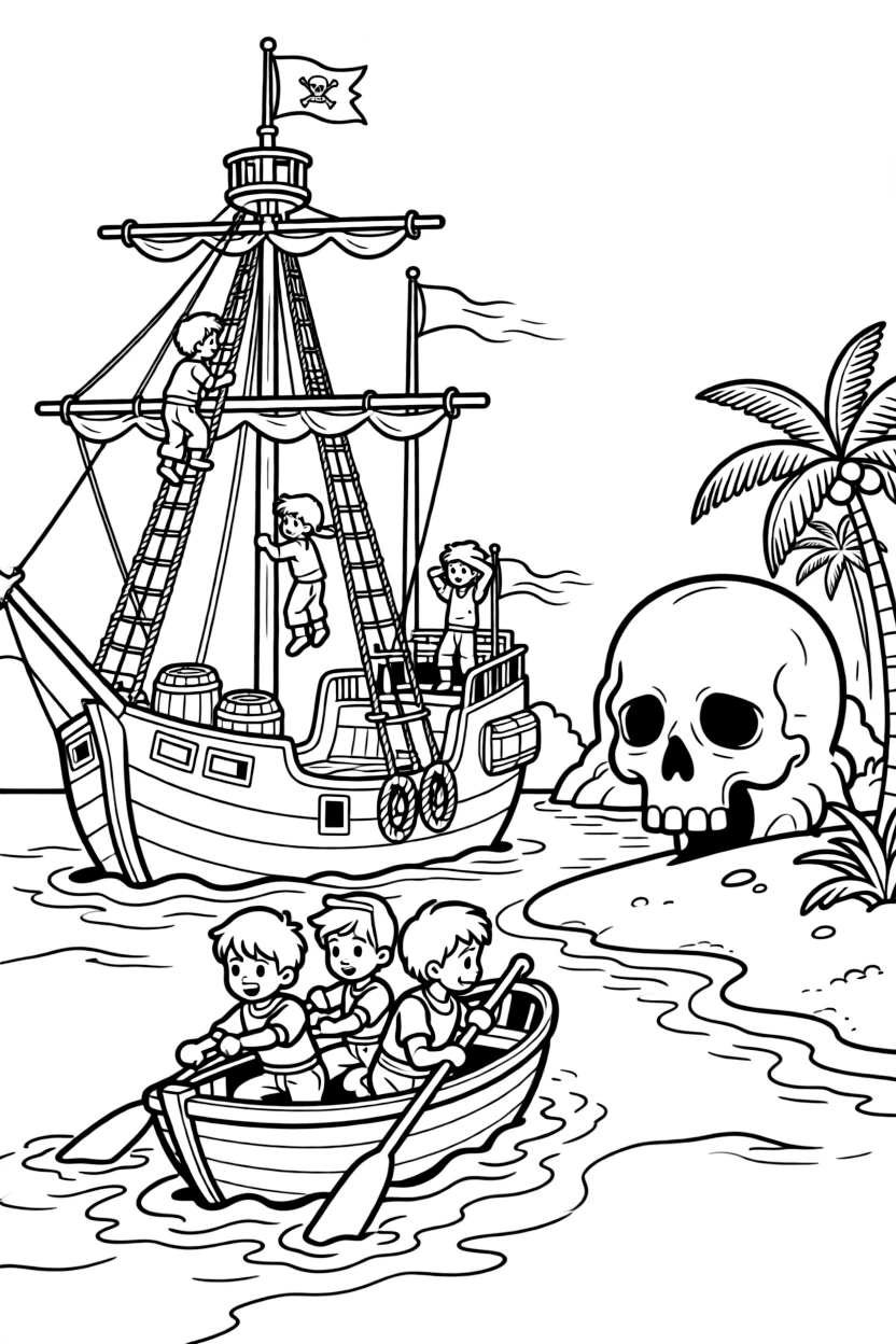 [Pirates] A dynamic scene shows a pirate crew rowing a small boat climbing the rigging of a tall ship on a sandy tropical island, concentrating hard with a focused expression. Close by, a skull-shaped rock formation rises from the sea. Coiled ropes and barrels sit on the deck. The moment unfolds at high noon, with a light breeze blowing, filled with energetic detail perfect for a young colorist.
