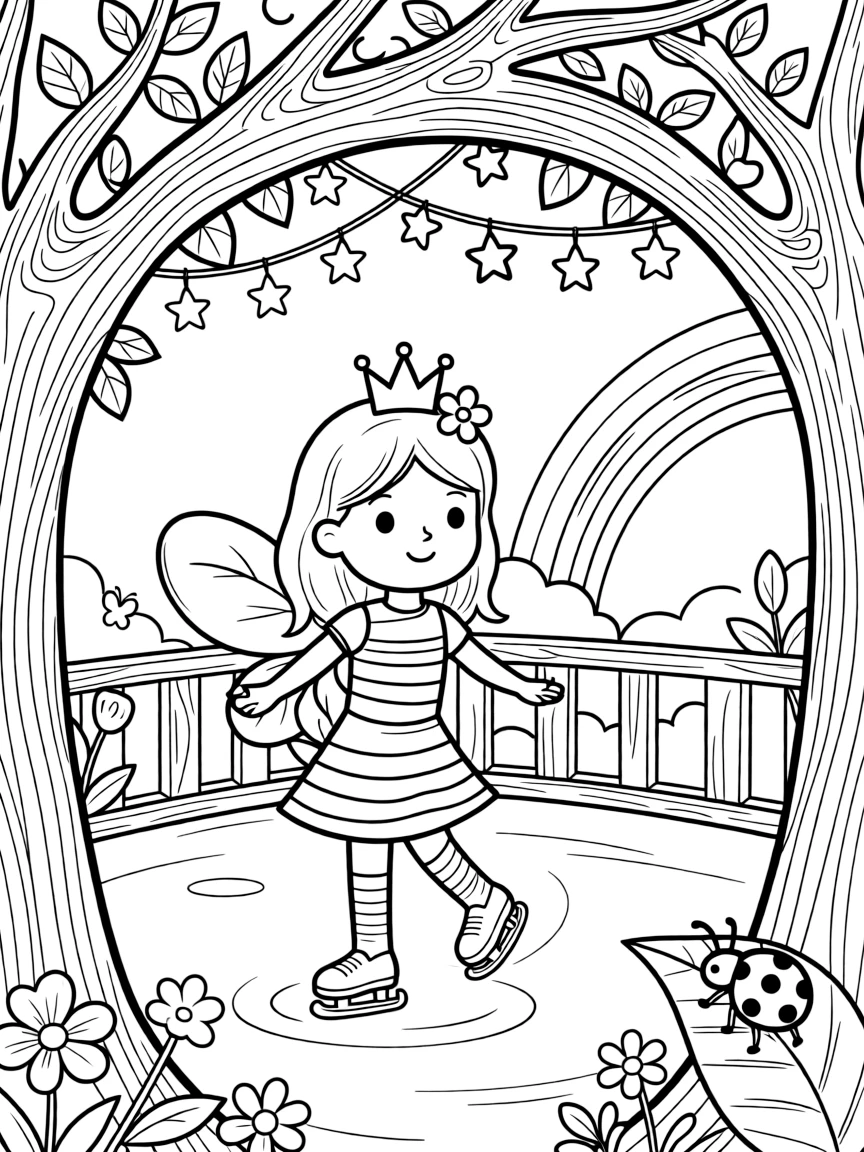 A girl dressed as a queen bee for a spring parade is skating gracefully across the ice inside a cozy treehouse strung with fairy lights. Just beyond, a soft rainbow arching overhead and a curious ladybug resting on a leaf make the scene feel magical.