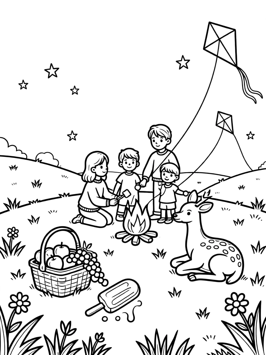 A wide view on a grassy hill perfect for flying kites, featuring a family roasting marshmallows under the stars, a spotted fawn, and a popsicle melting in the sun, with a picnic basket packed with fruit nearby.