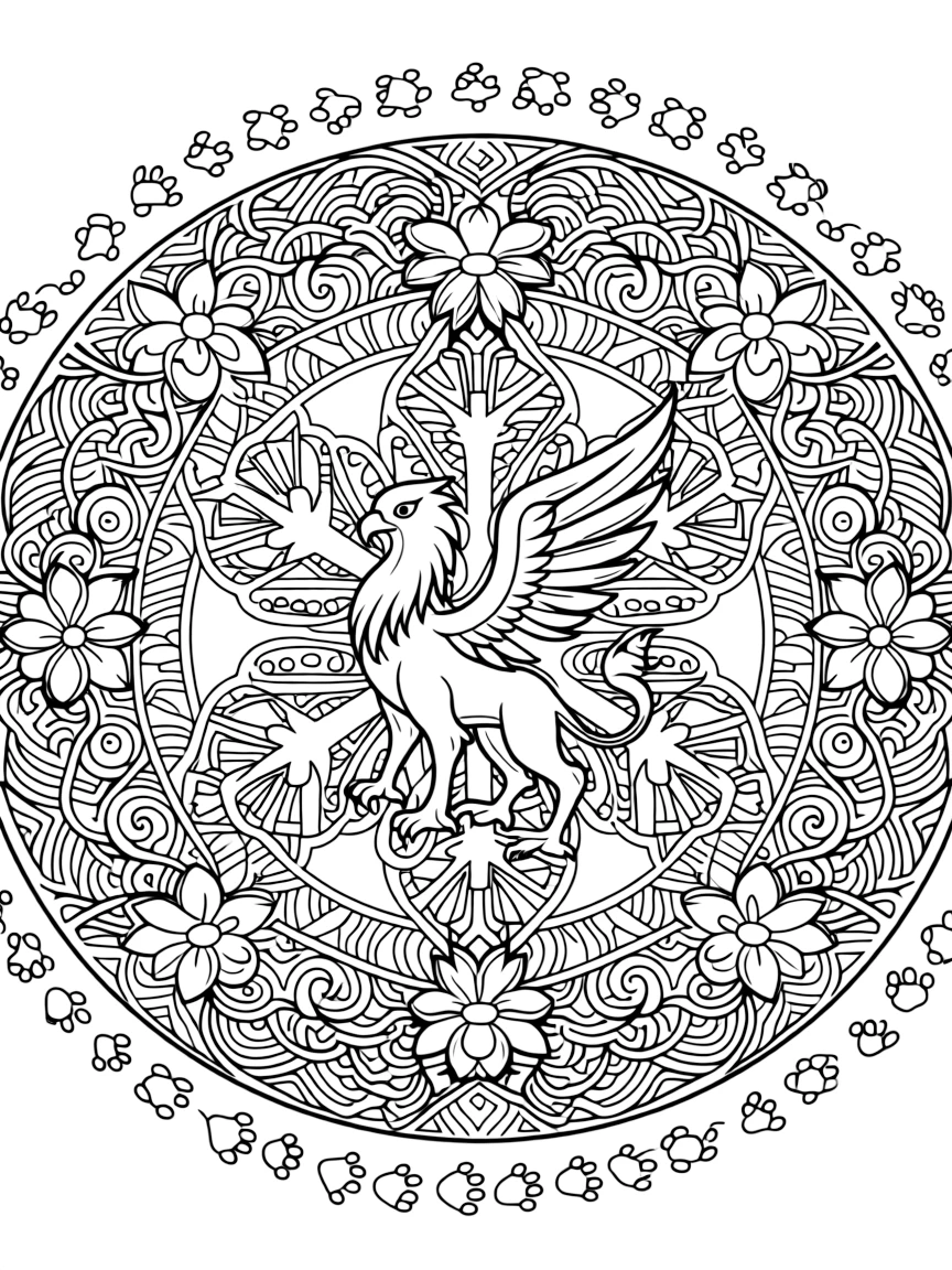 Mythical & Fantasy Creatures: The page presents a small themed scene built around a gentle griffin with an eagle's wings and a lion's paws, tied together by a snowflake-shaped mandala with six symmetrical arms. The scene is set within a framed scene where every element on one side is echoed by a twin on the opposite side. Decorative details fill the surrounding space, including layered flower rosettes, swirling vine tendrils, and rows of curling wave shapes woven throughout the background. A playful extra touch completes the page: a trail of small paw prints wandering along the outer edge.