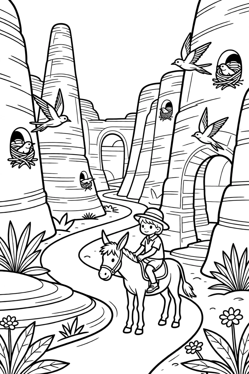 [Canyon Trails] A young explorer rides a friendly donkey along a winding trail deep within a red rock canyon. Swallows dart in and out of small holes in the canyon walls, building their nests. Ancient rock formations shaped like towers and arches rise from the canyon floor. Morning light stretches across the canyon, highlighting every ridge and layer of rock.