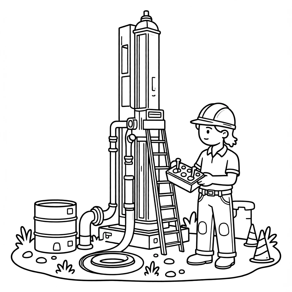 A well driller operates a tall drilling rig to find fresh water underground.