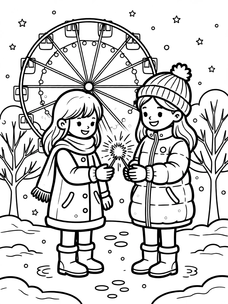 A tall girl lighting a sparkler during a New Year's Eve countdown with a big sister while a ferris wheel spins in the distance.