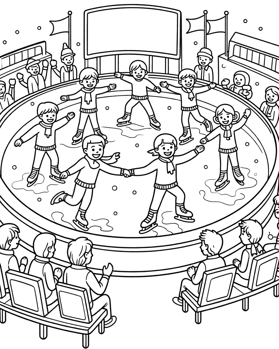 A group of classmates, landing a jump confidently as judges watch from rinkside seats.