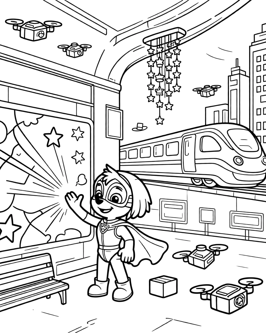 Agent Skye, a cheerful fire-throwing superhero kid painting a mural on the side of a spaceship using color-changing light beams, in a bustling train station for hover-trains connecting floating cities, with tiny drones buzzing around delivering packages and a wind chime made of tiny metal stars nearby.
