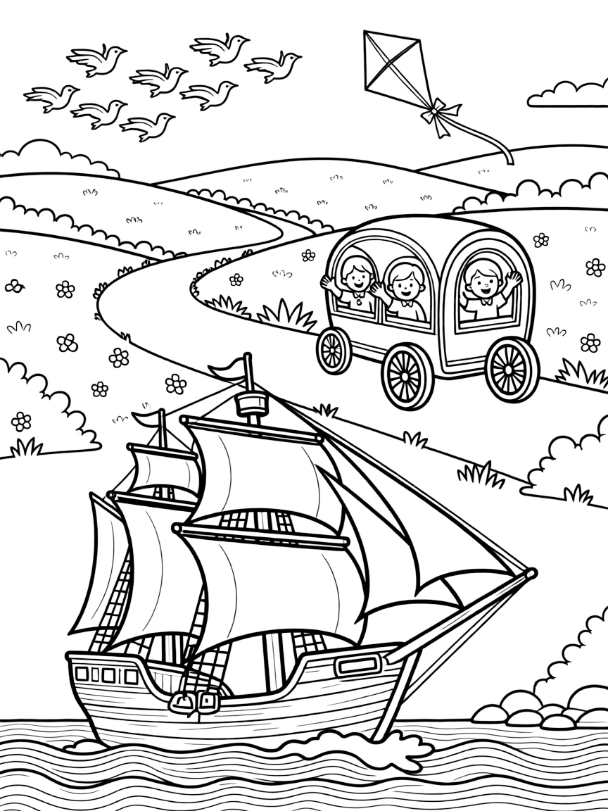 A coloring page featuring an old sailing clipper ship racing across the waves, traveling through a quiet countryside road winding past rolling green hills, with a group of cheerful kids waving from the windows and a flock of birds flying alongside in formation and a kite dancing in the breeze above filling the scene.