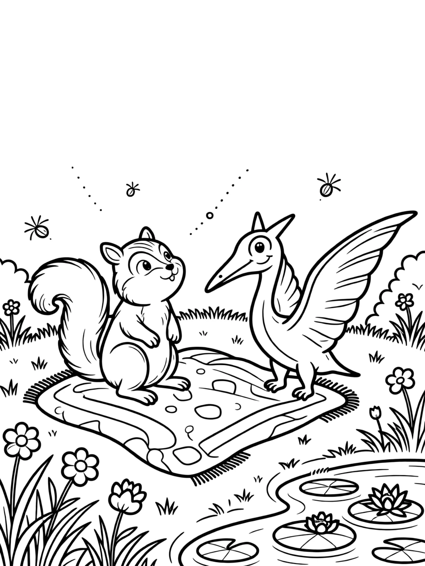 A chipmunk stargazing on a blanket with a pterodactyl in a sunny meadow, near a lily pad pond, with fireflies twinkling nearby.