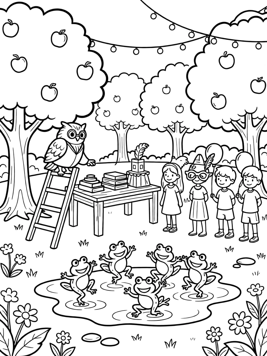 In an apple orchard during harvest festival, a sparkly owl librarian discovers the joy of hosting a costume party in the backyard, while a puddle full of jumping frogs watches happily nearby. Every creature nearby wants to join in the fun.