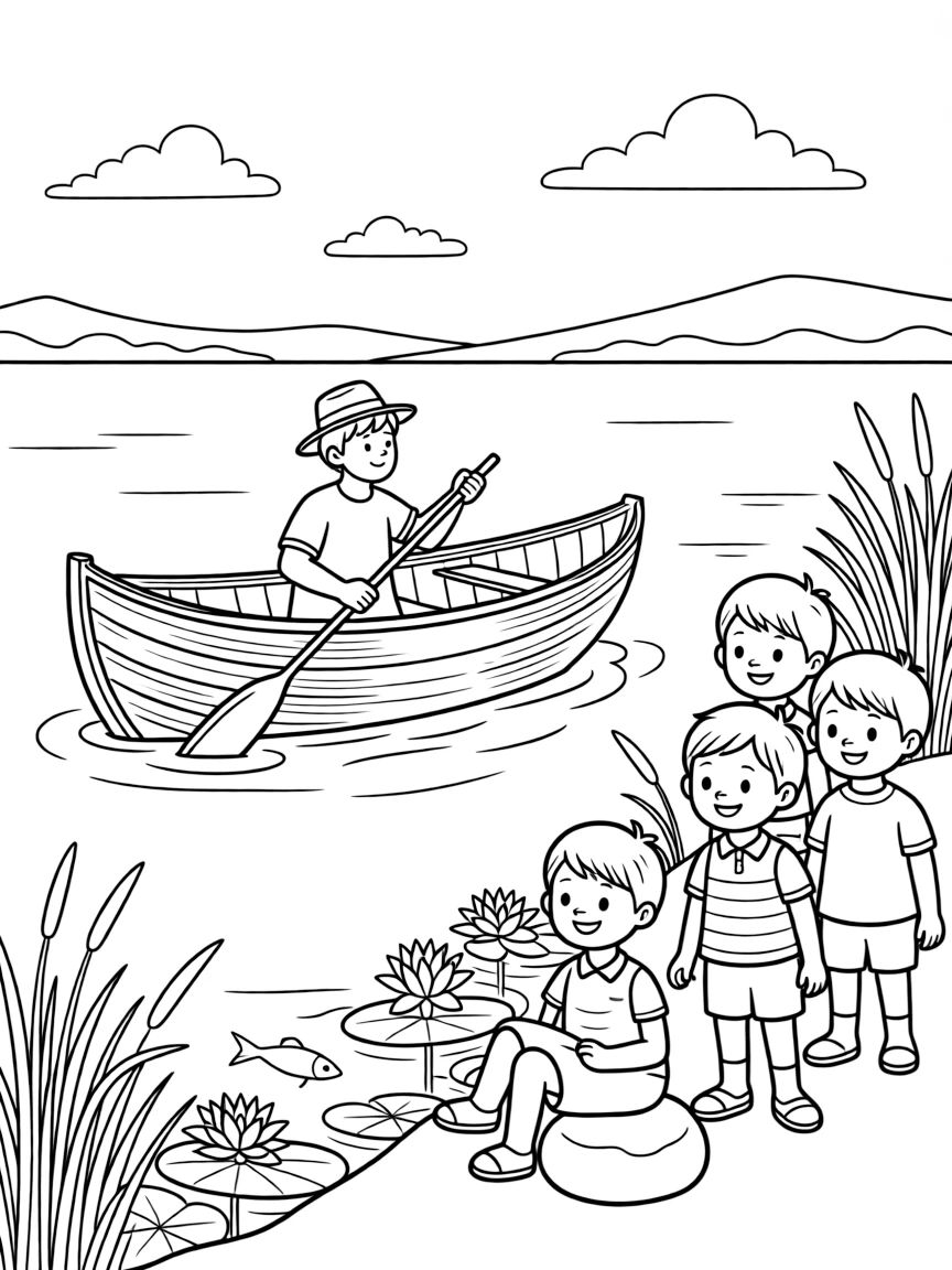 A coloring page showing a fisherman paddling a wooden canoe on Lake Victoria in Uganda, admired by a group of delighted children gathered close by.