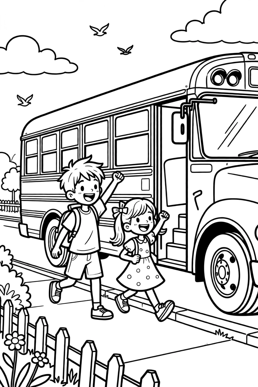 a mischievous older brother and his little sister lines up excitedly to board a big yellow bus for a field trip.