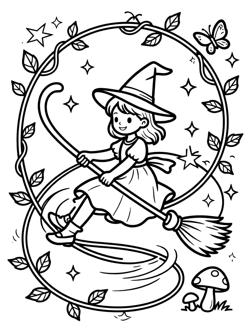 A young witch teaches her broom to do tricks, spinning and looping through hoops made of enchanted vines.