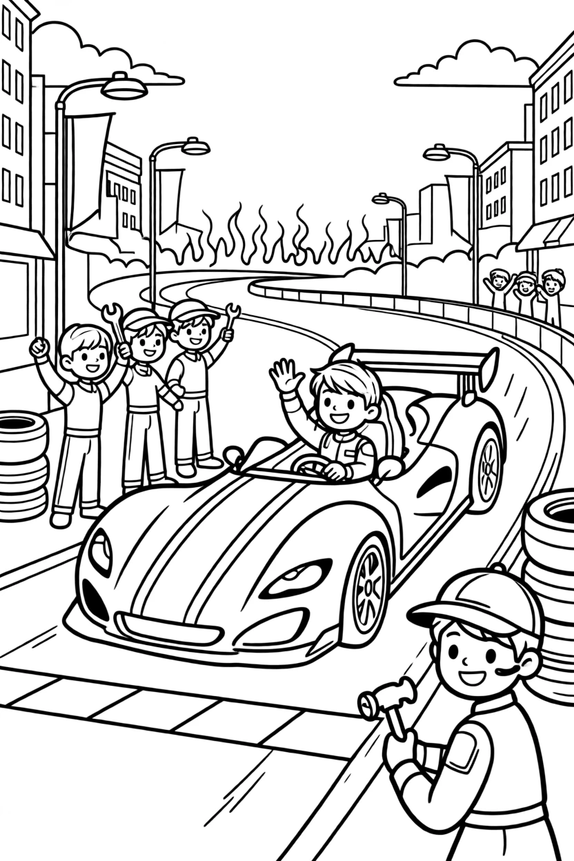 [Race Cars] a low sleek open-wheel racer launching off the starting line around a city street circuit, smiling proudly, while a pit crew waves tools near the track fills the surrounding area. Sponsor-free racing stripes swoop along the body. Set at sunset, with heat waves shimmering in the distance, the page bursts with adventure and imagination.
