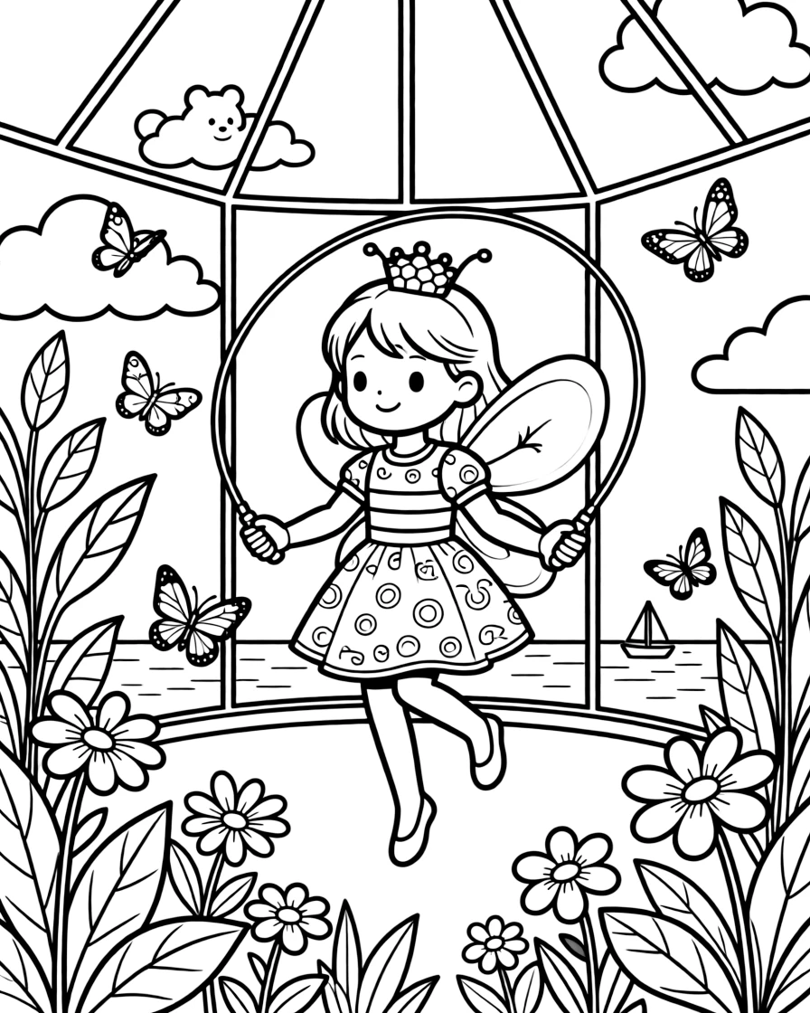 A girl dressed as a queen bee for a spring parade is jumping rope with ribbons tied to the handles in a butterfly conservatory full of fluttering wings. Just beyond, fluffy clouds shaped like little animals and little sailboats bobbing on the horizon bring the scene to life.