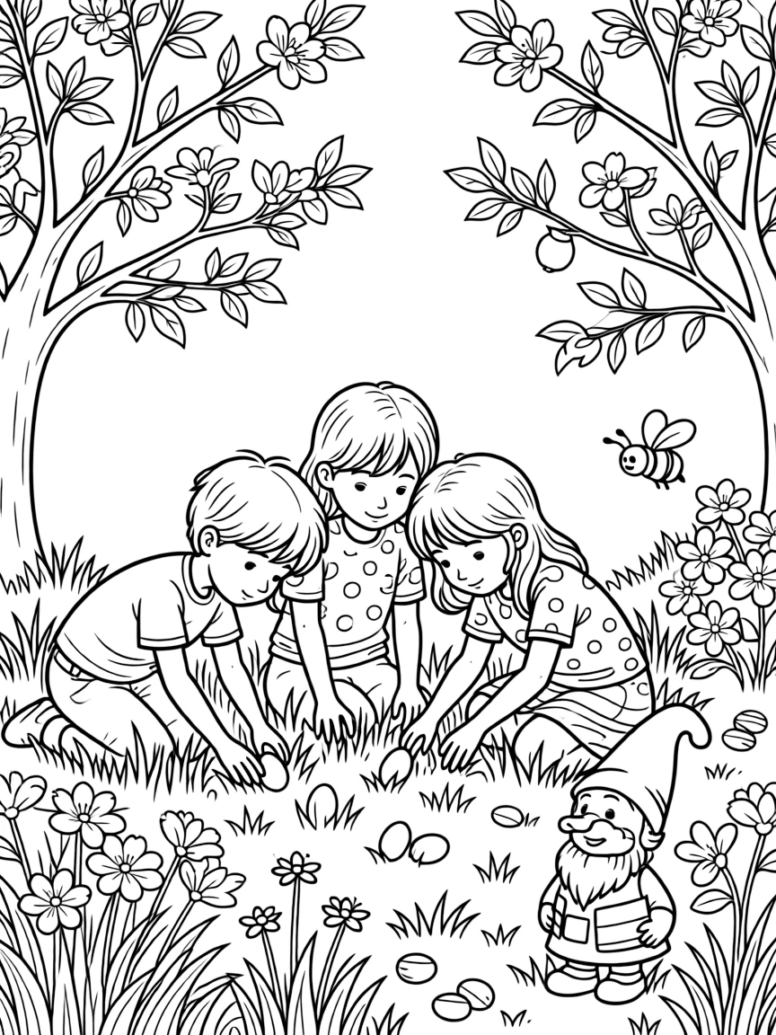 A group of three friends sitting beside children on an egg hunt in tall grass in an orchard where fruit trees are just beginning to flower, with a garden gnome peeking from the flowers and a bee buzzing near a blossom scattered about.